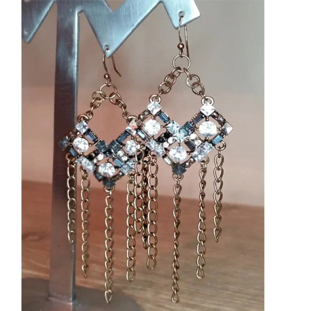 Brassy gold tone dangle drop long rhinestone and chains statement earrings
